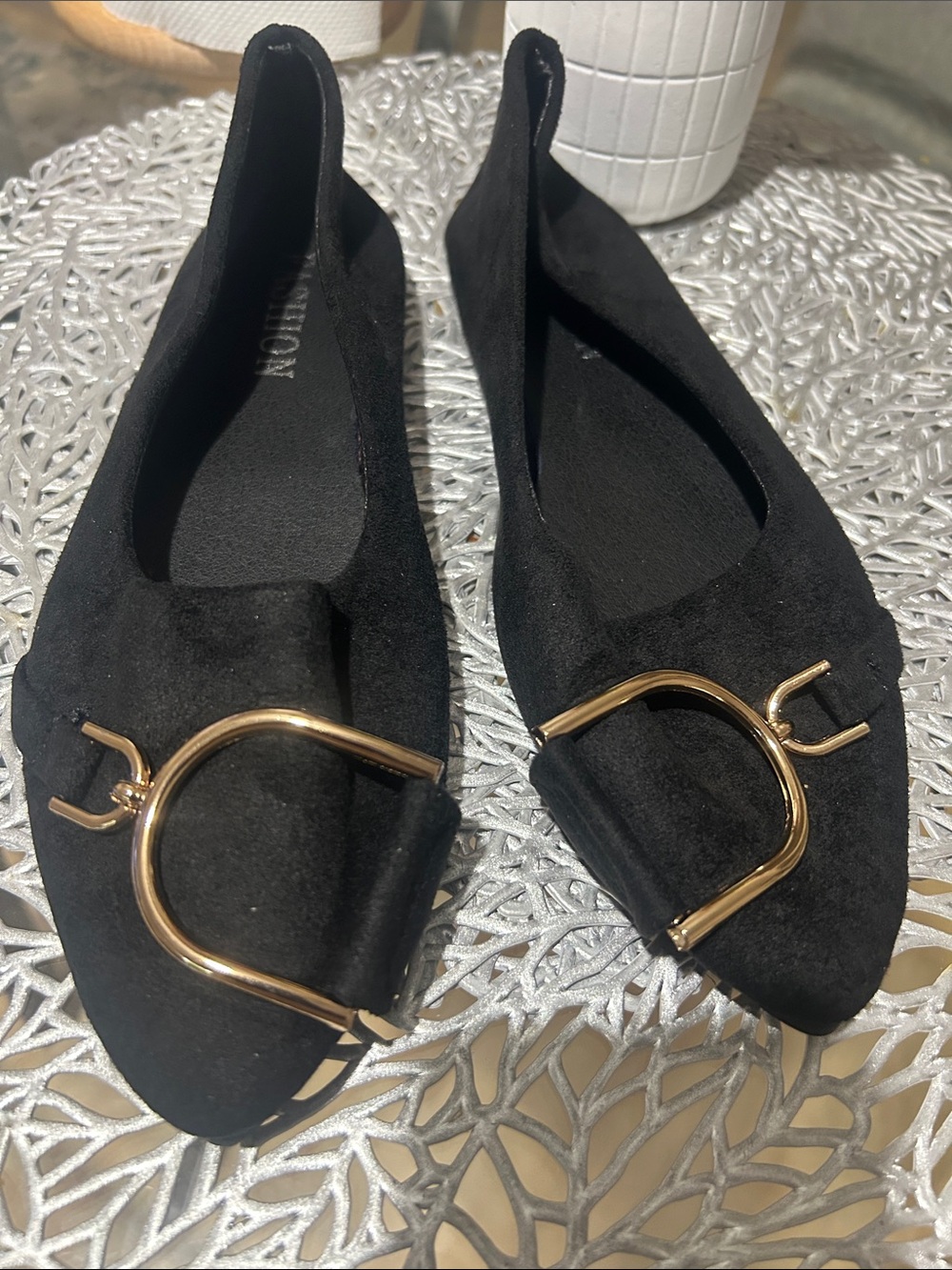 Black Pointed Ballet Flats with Gold Horsebit Accent